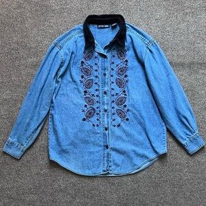 Vintage Denim Embroidered Beaded Button Up Shirt Women S Velour Collar Retro 90s